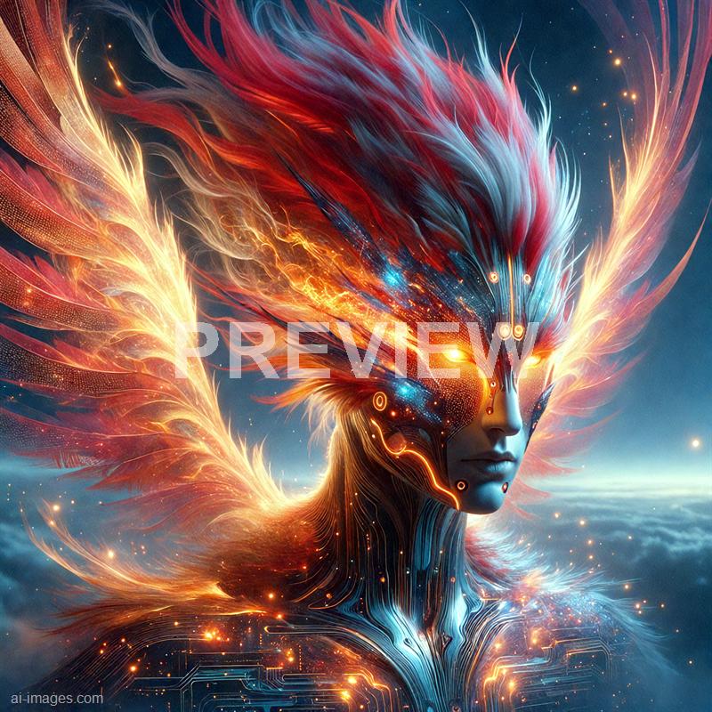 The image features a highly detailed and vibrant digital artwork of a futuristic, cybernetic humanoid figure with glowing elements. The figure's face is calm and composed, with intricate technological patterns and glowing circuits integrated into the skin. Surrounding the head are fiery, feather-like extensions in shades of red, orange, and blue that appear to blend seamlessly with the cosmic background filled with stars and nebulae, creating a sense of energy and otherworldliness. The overall aesthetic combines elements of science fiction and fantasy, emphasizing a powerful, ethereal presence.